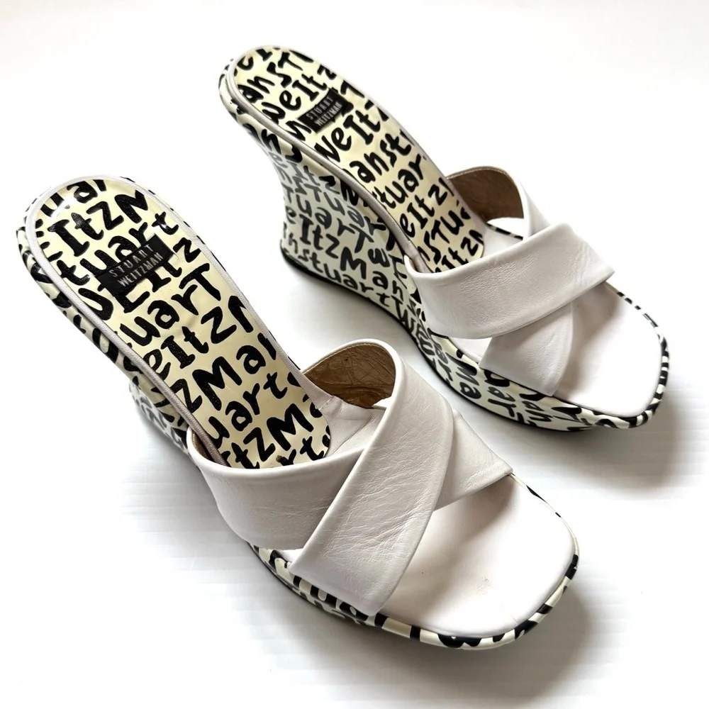 Stuart Weitzman White Leather Graphic Print Mule Wedge Heels Size 8 - Picture 2 of 13